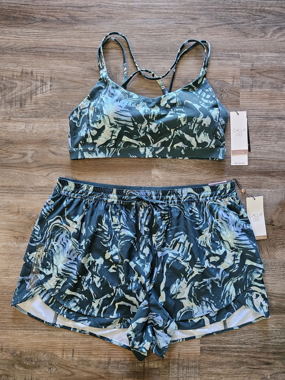 Calia by Carrie Underwood Sea Moss Green‎ Marble Athletic Bralette & Shorts Set